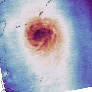 Retrieved temperature at 250 hPa over Tropical Cyclone Jangmi — a warm core glowing above colder surroundings