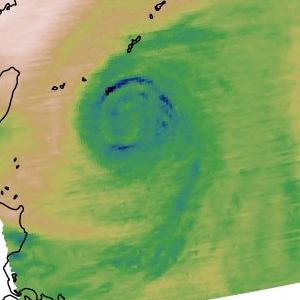 Retrieved specific humidity at 500 hPa — a moist eye encircled by dry-air intrusions