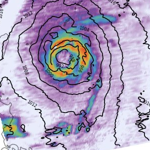 Retrieved precipitation rate and sea-level pressure — a clean eye ringed by heavy eyewall rain inside tightening pressure contours